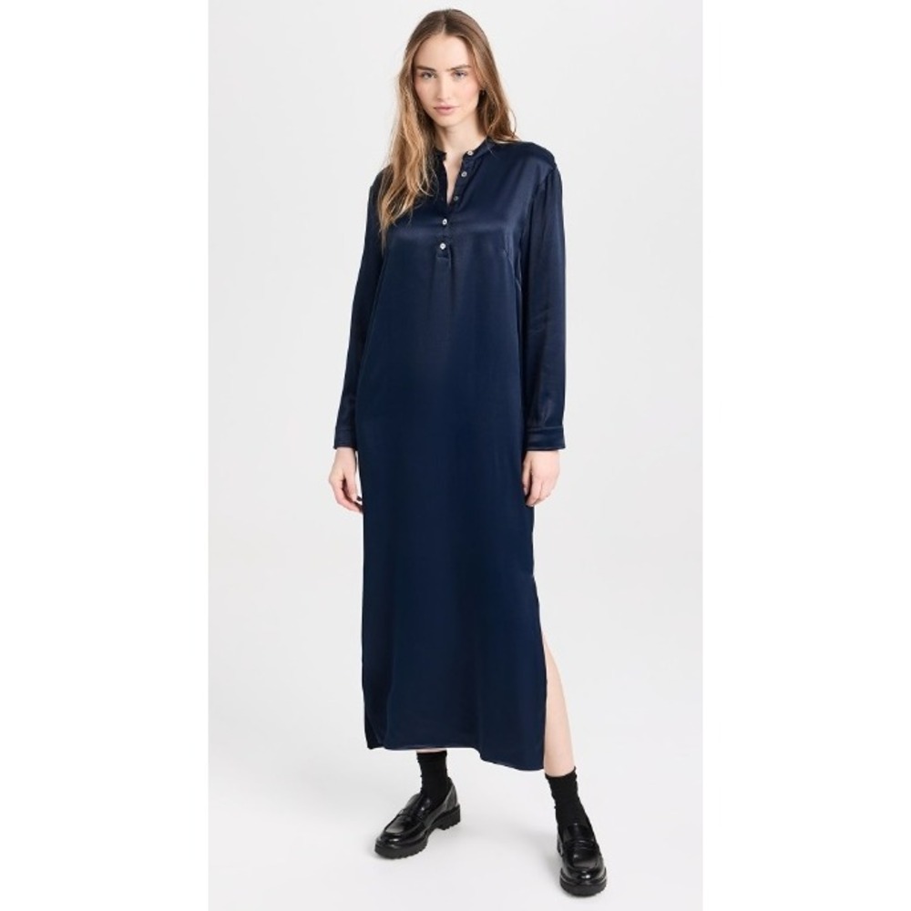 DONNI Satiny Mandarin Dress Button Front Maxi XS Navy Blue NEW Quiet Luxury